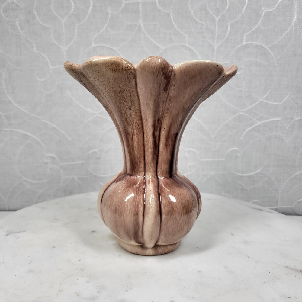 VTG Gonder USA Pottery Bud Vase Brown Pink Drip Glaze Scalloped Fluted Neck MCM